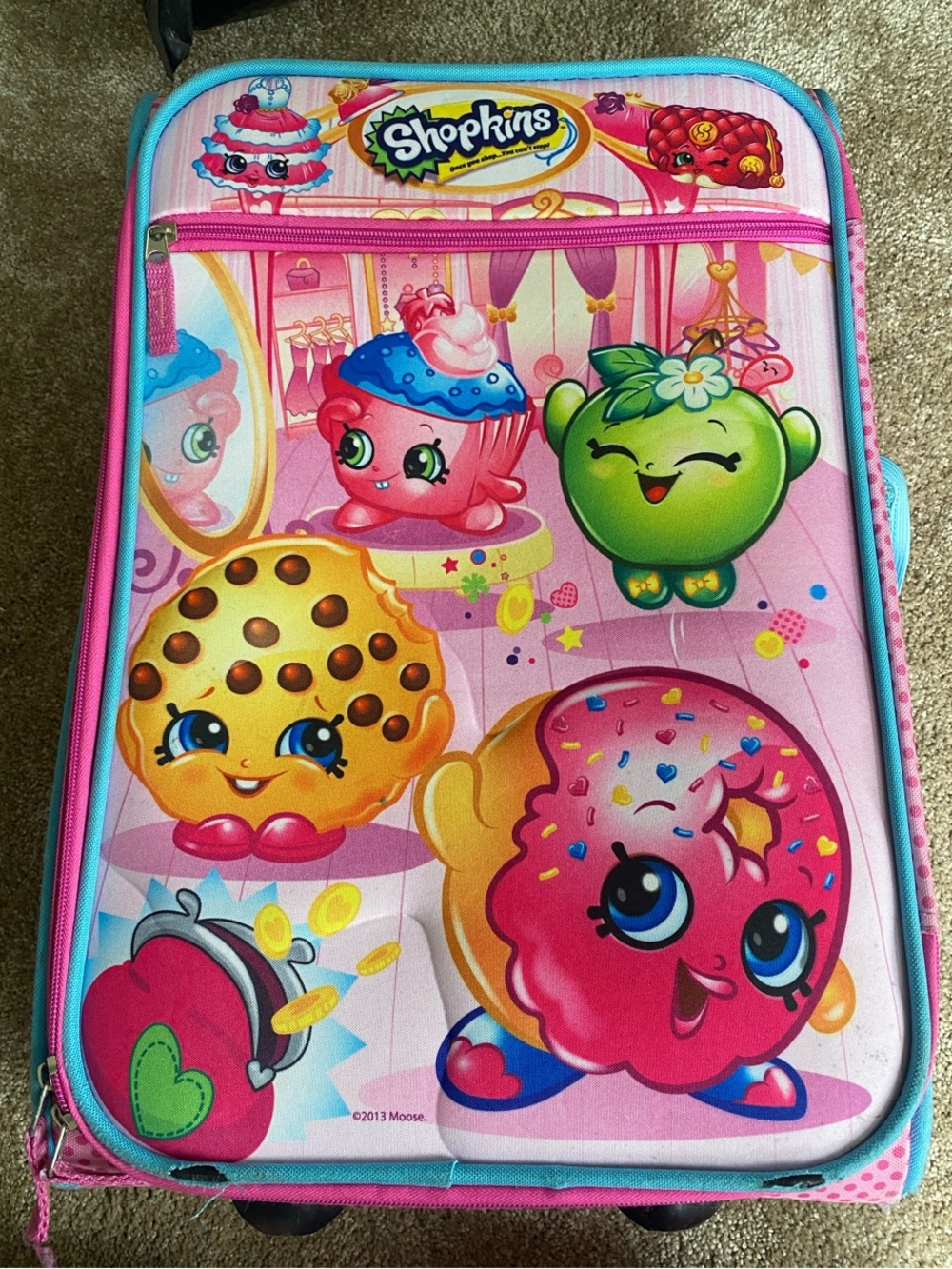 Shopkins Pink Blue Multicolor Kids Rolling Luggage - noticeable use, damage
